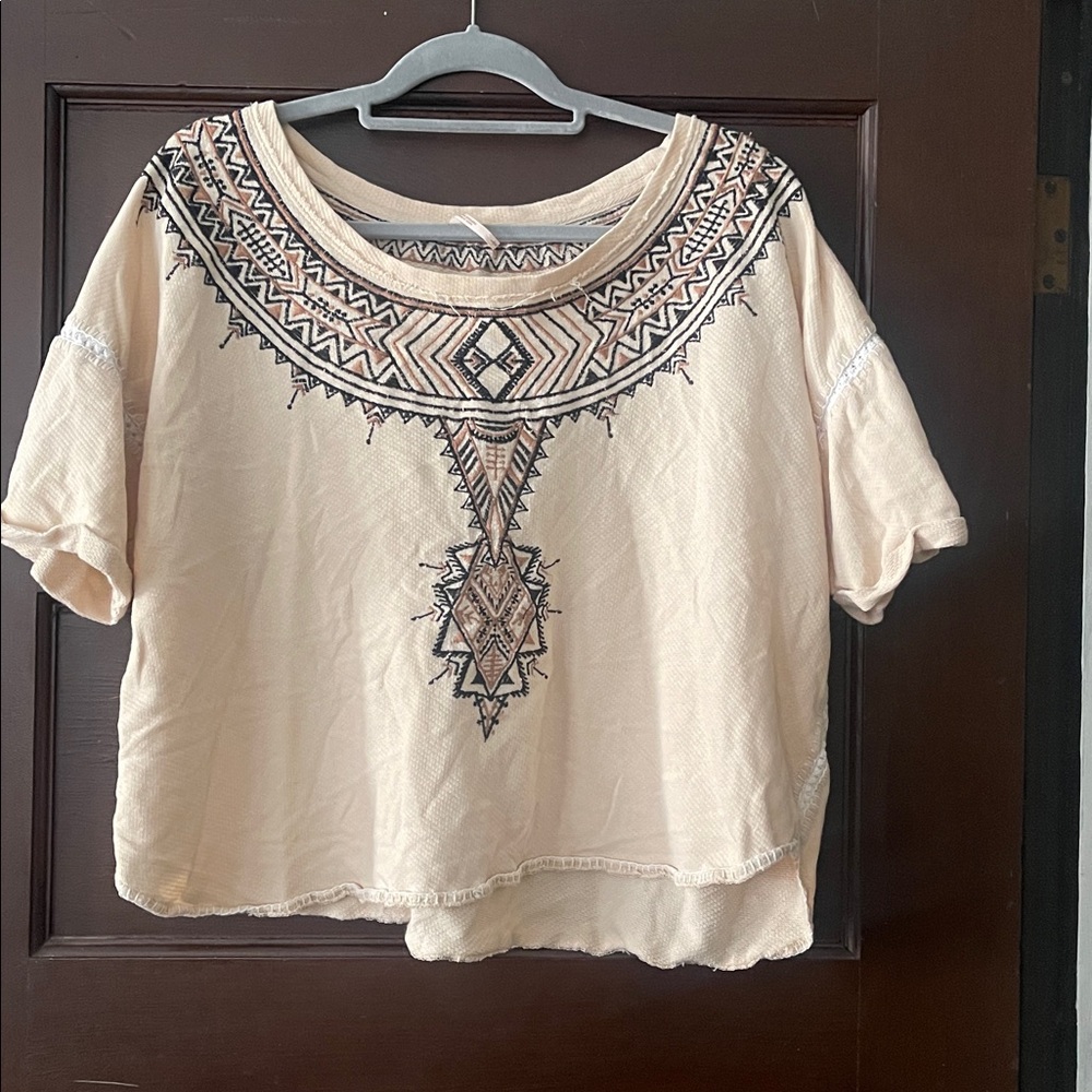 Free People Boxy Cream Embroidered Knit Oversized Boho Top